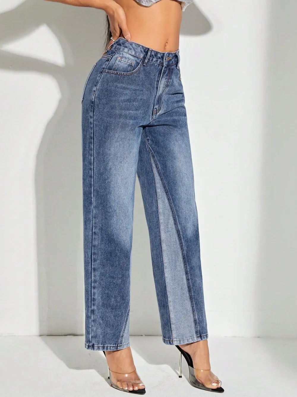 Straight Leg Pocketed Patchwork Denim Jeans