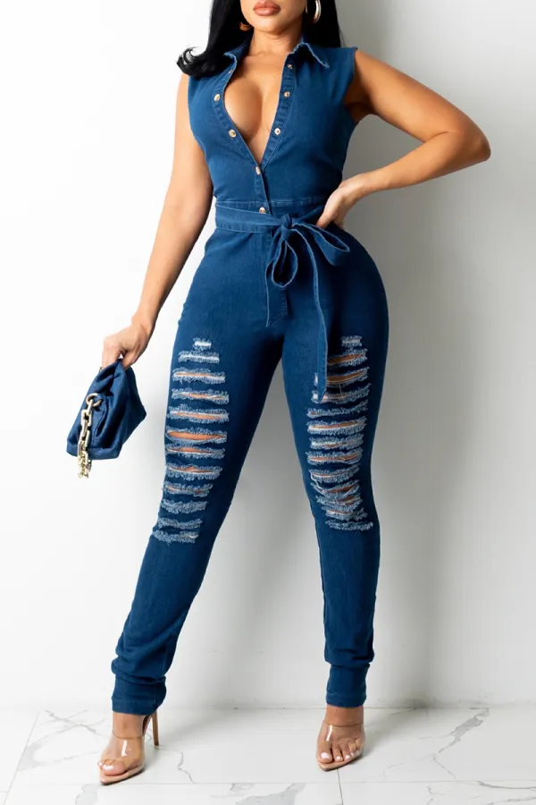 Sexy Solid Split Joint Turndown Collar Skinny Jumpsuits