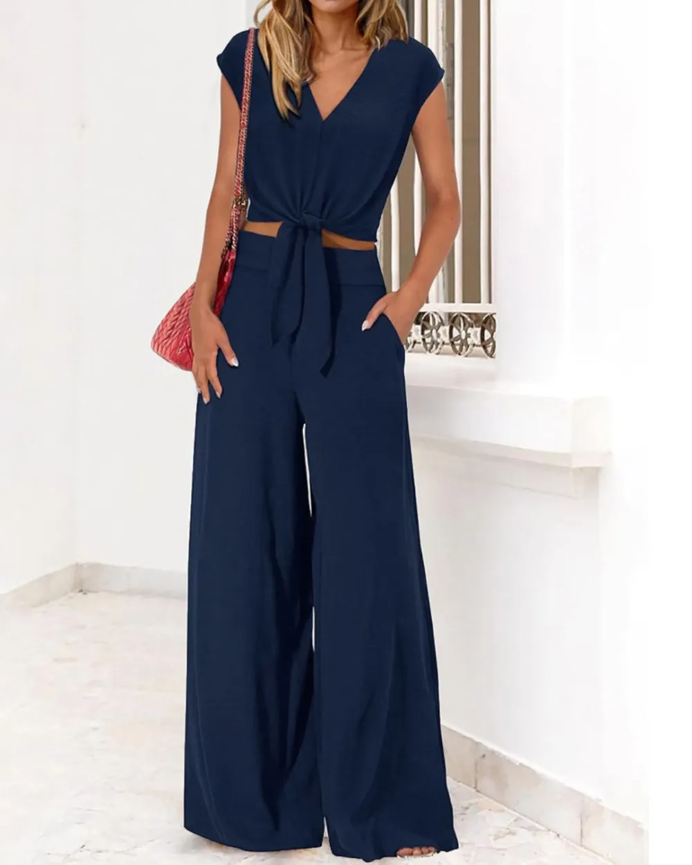 Belted V-Neck Crop Top and Wide-Leg Pants Two-Piece Set