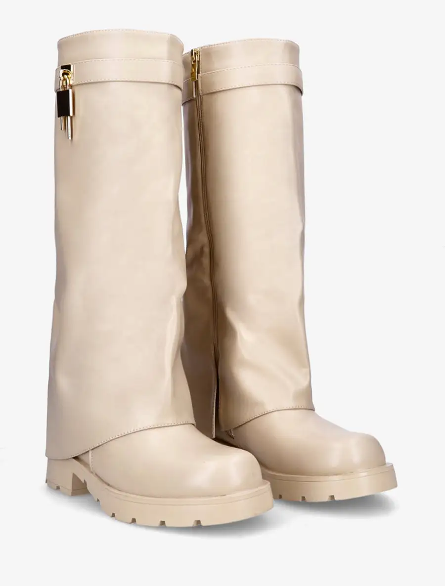 Contemporary Block Heel Fold-Over Faux Leather Knee High Boots