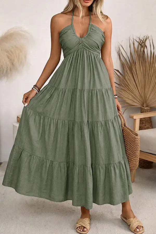 Color Smocked Back Halter Neck Dress