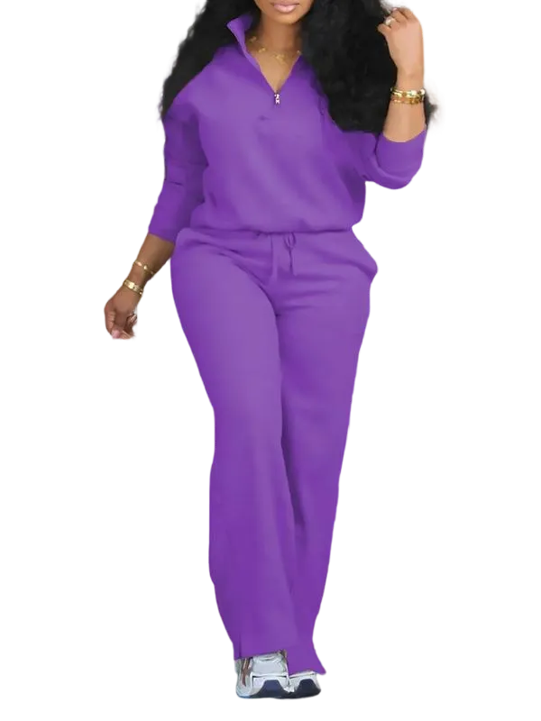 Women's Solid Half Placket Split Hem Pants Set