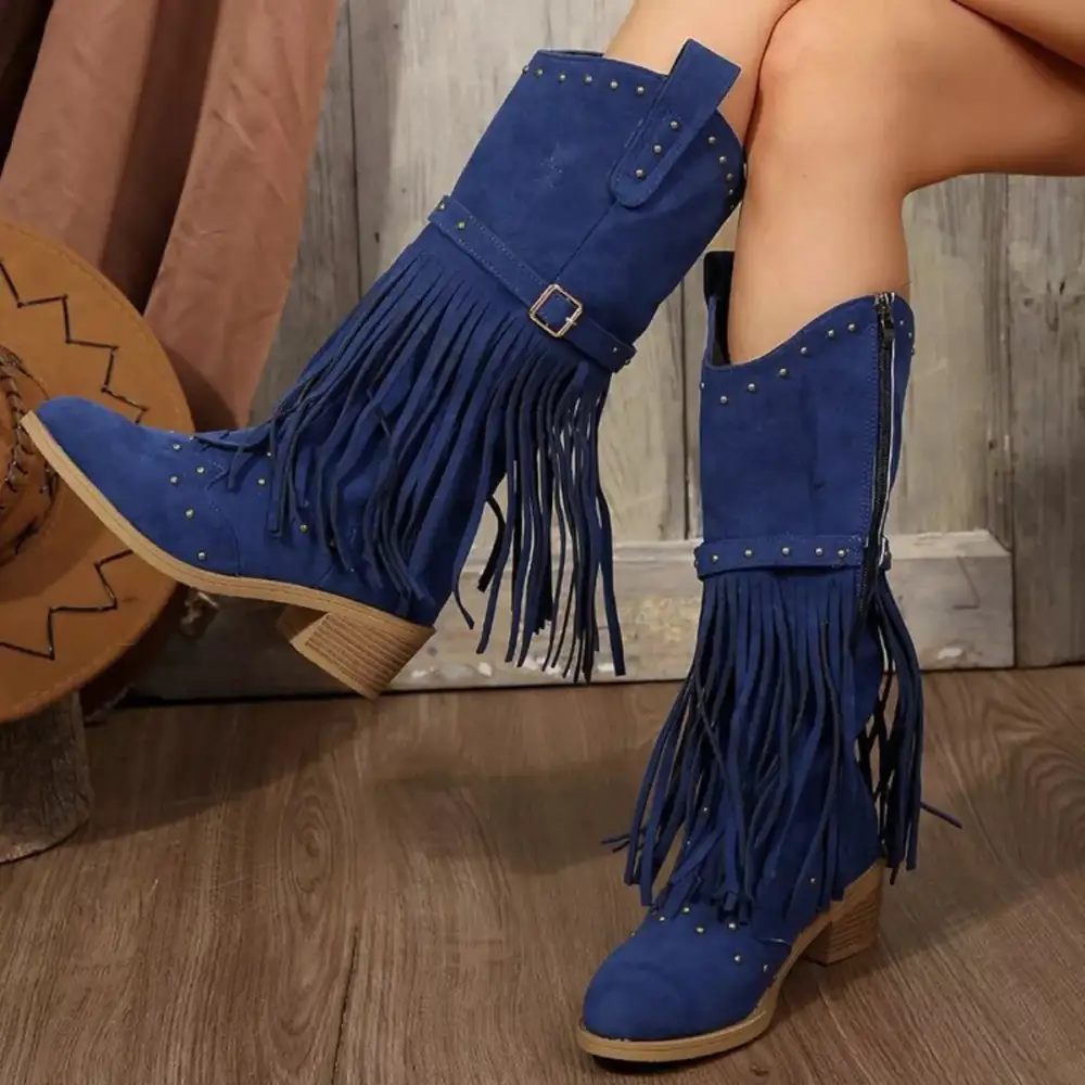 Refined Fringe Point Toe Block Heels Boots