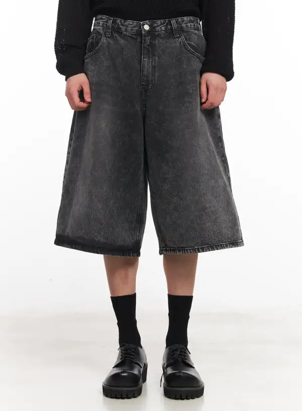 Men's Streetwear Washed Wide-Fit Denim Shorts