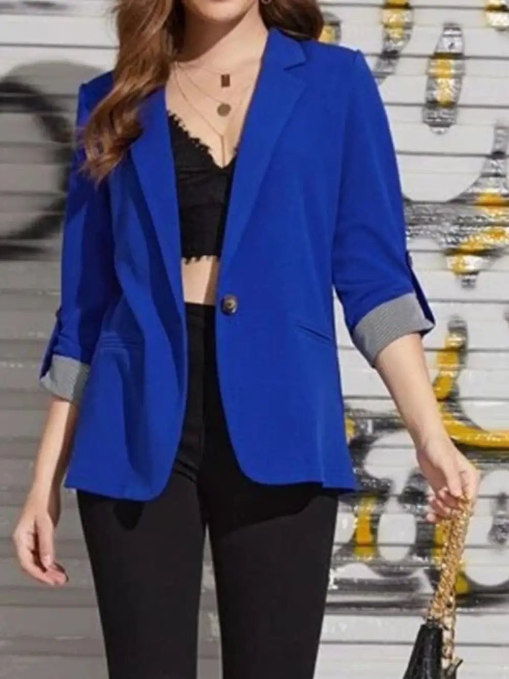 Lapel Collar Roll Tab Sleeve Blazer