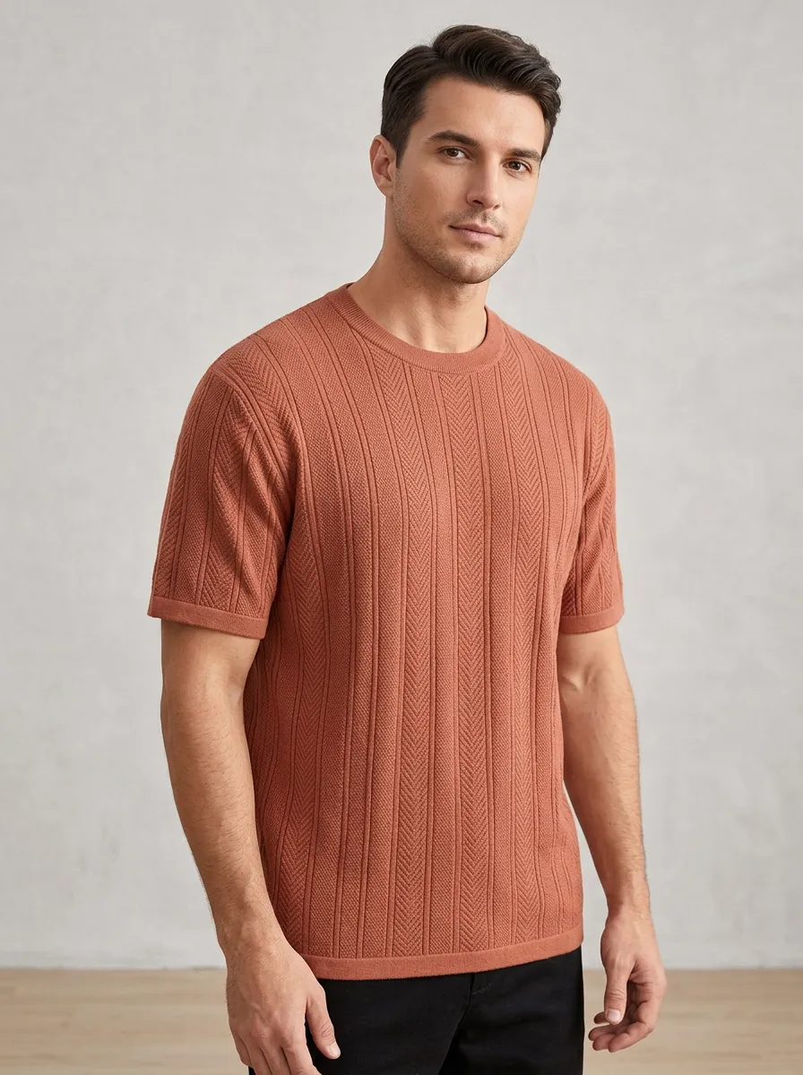 Herringbone-Texture Textured-Knit Men's Knit Crew-Neck T-Shirt