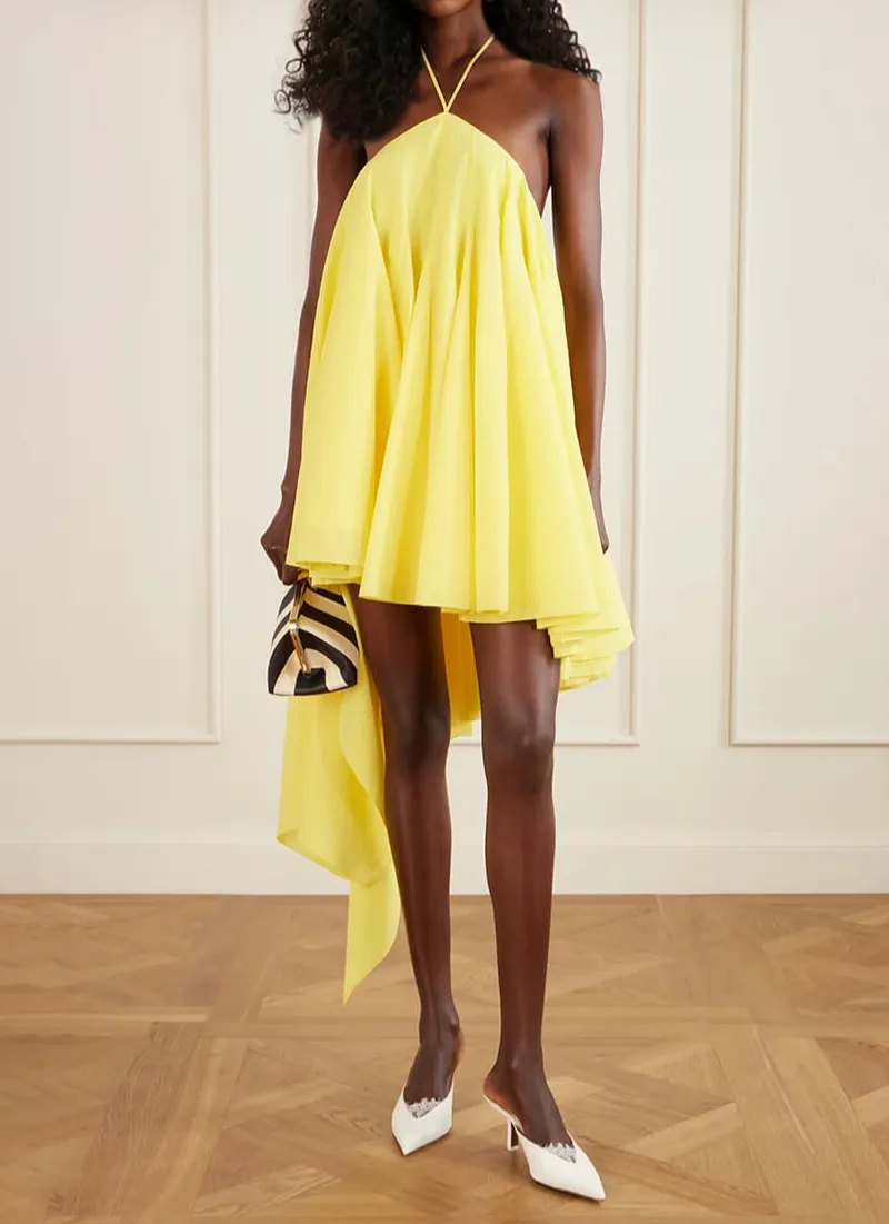 Asymmetrical Chiffon Crepe Halterneck Elegant Mini Dress
