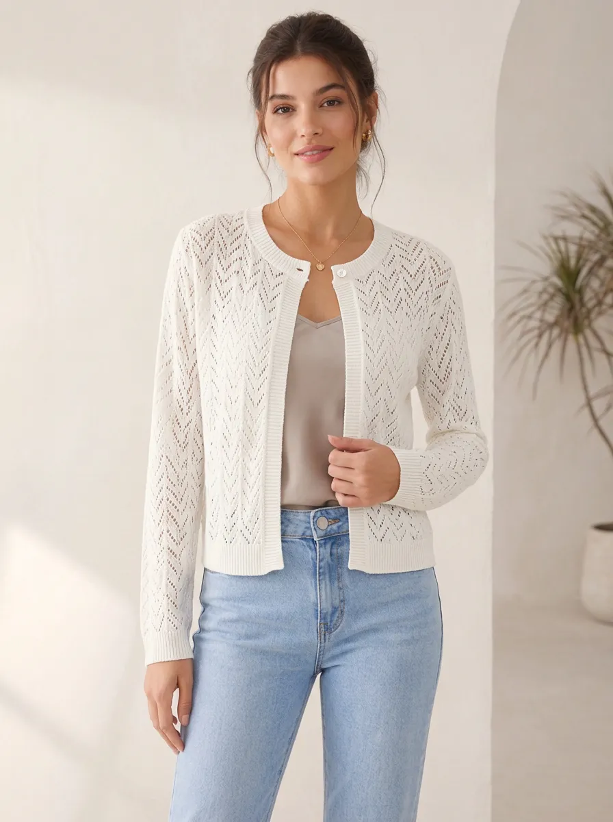 Women's Casual Elegant White Chevron Pointelle Knit Cardigan