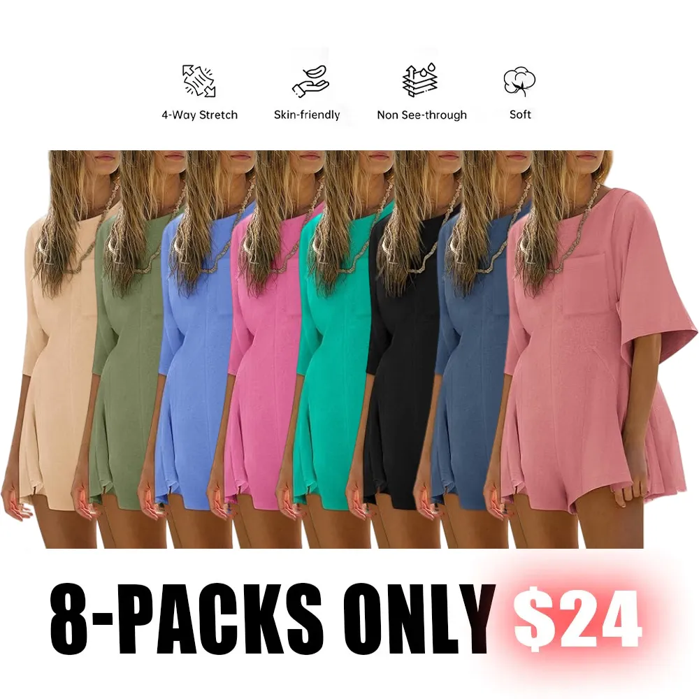 Women’s Summer Slim Fit Romper – Short Sleeve Crew Neck Jumpsuit with Pocket