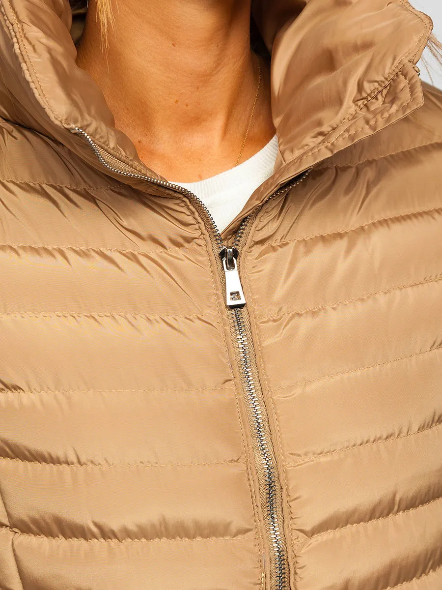 Women's Brown Quilted Winter Jacket Without Hood