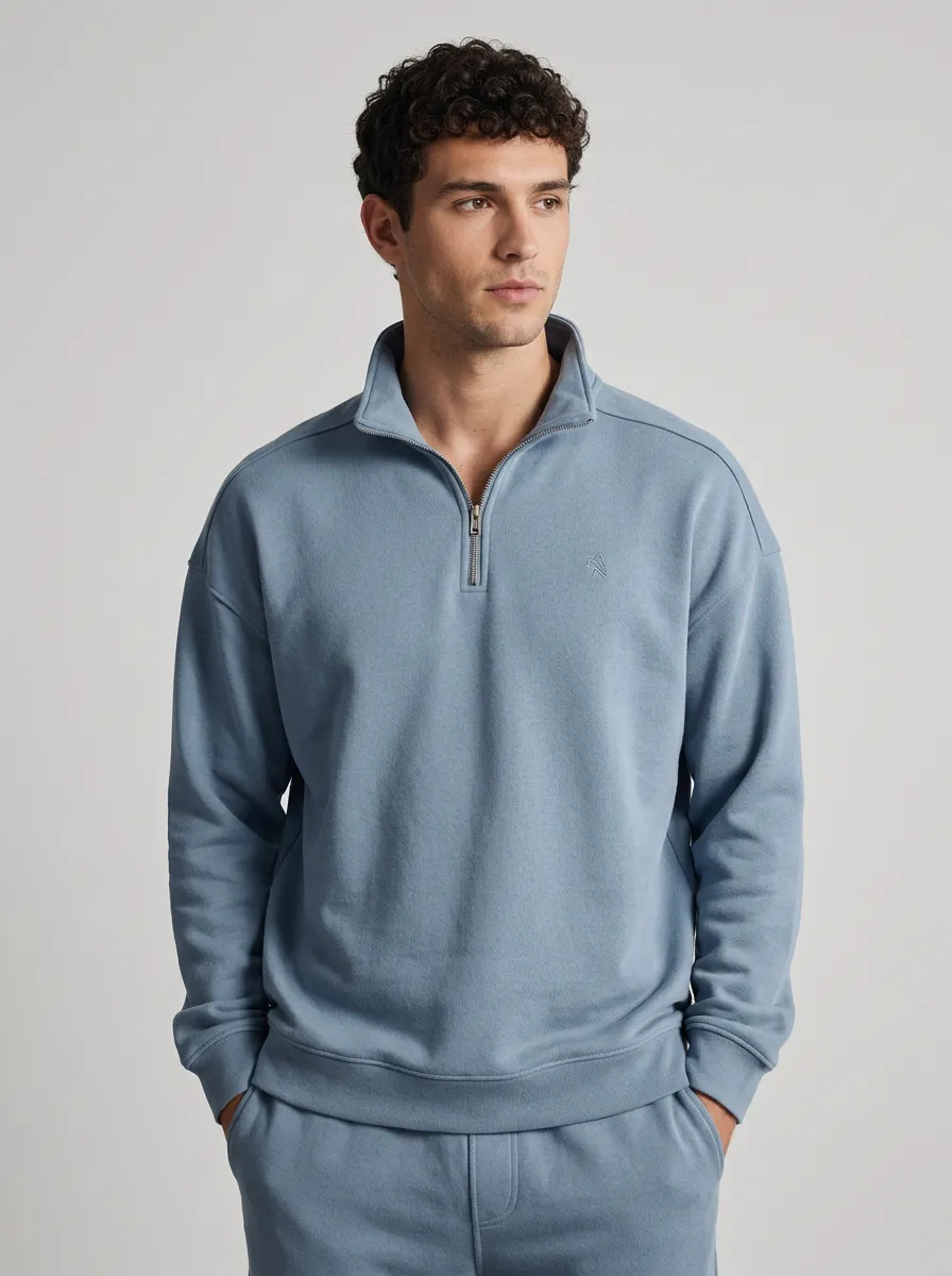 Men's Contemporary Minimalist Textured Embroidered Emblem Quarter-Zip Sweatshirt