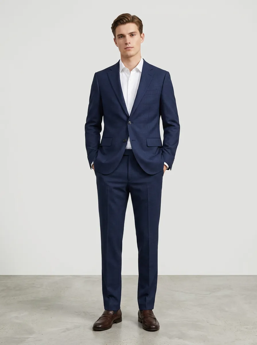 Men's Regular Fit Business Formal Navy Blue Solid Two-Piece Suit