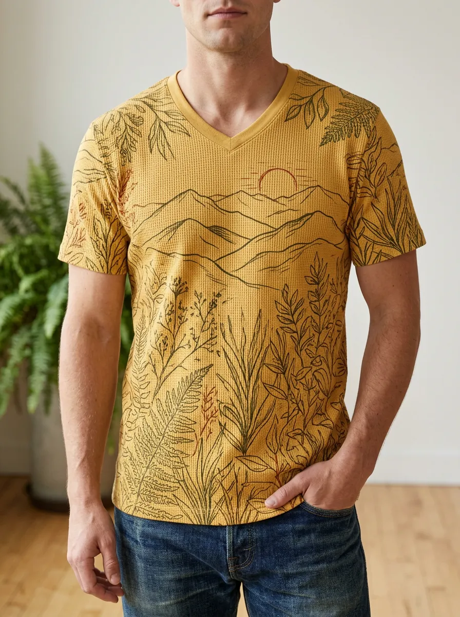Men's Scenic Nature Lover Mountain Fern V-Neck T-Shirt