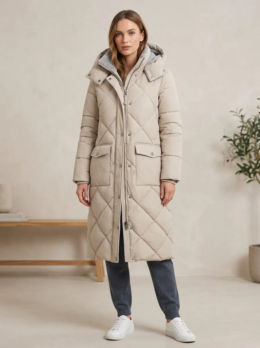 Easy-Wear Quilted Long Hooded Coat