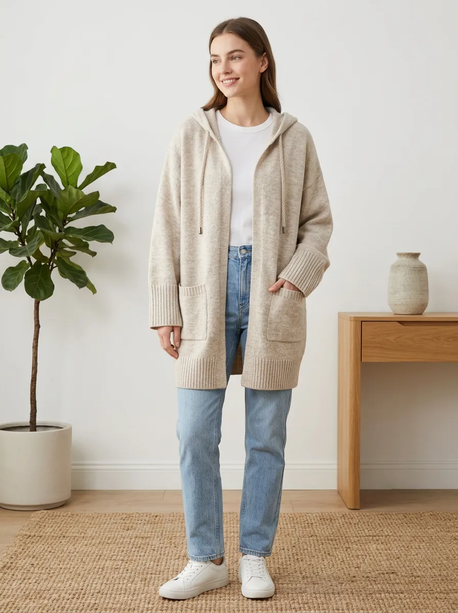 Women's Hooded Open-Front Knit Cardigan Open-Front