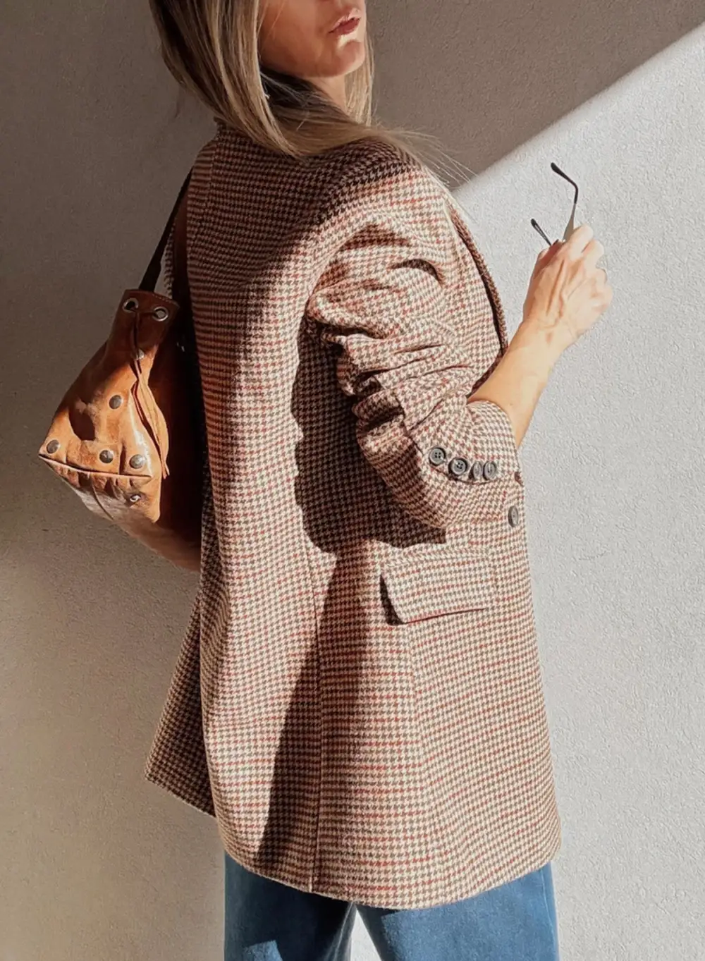 Tailored Houndstooth Double-Breasted Blazer