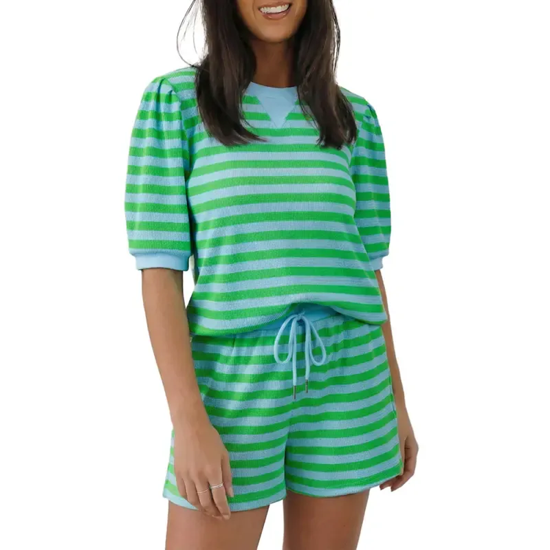 Women's Striped Puff Sleeve Short Sleeve 2‑Piece Set