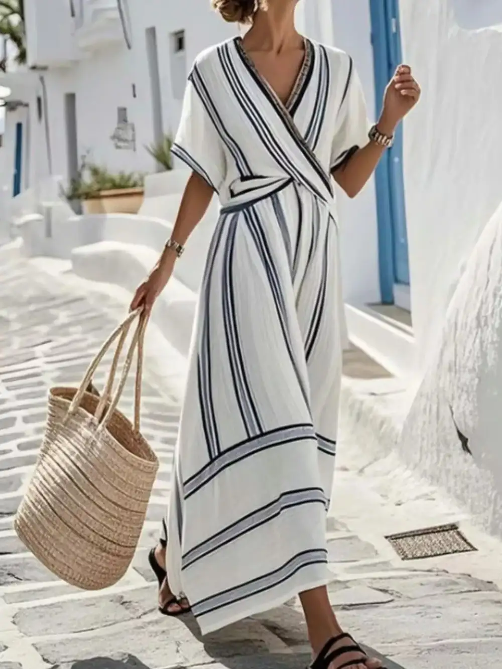 Lined Striped Short Sleeve Wrap Maxi Dress