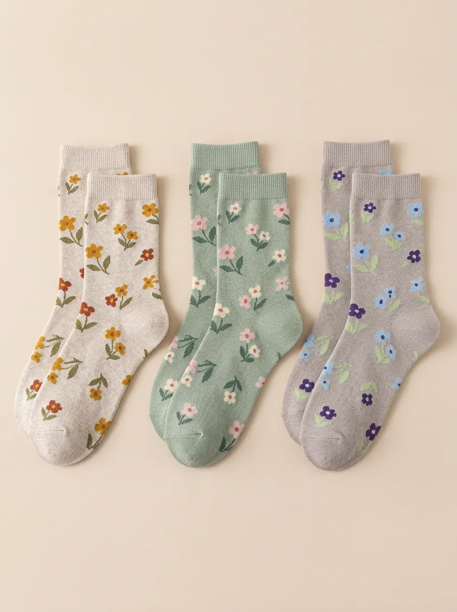 Women's Everyday Floral Ribbed Crew Socks Three Pair Set