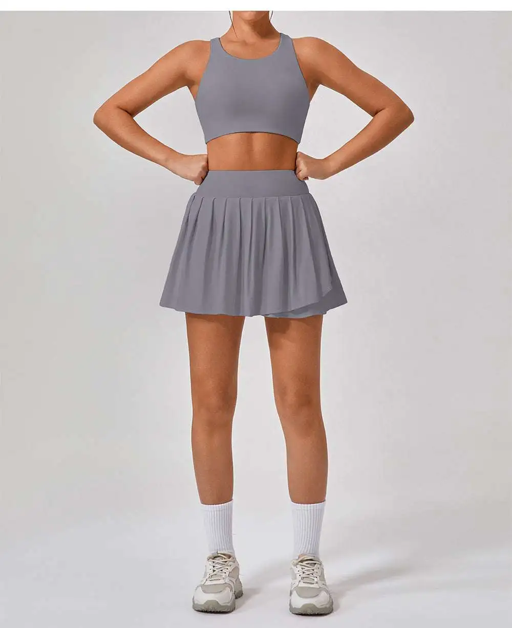 Backless Sleeveless Jacket, Bra and Skort Active Set
