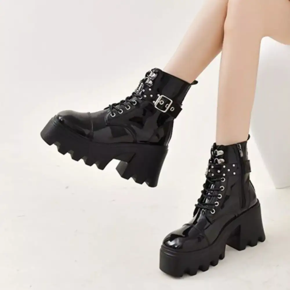 Platform Ankle Boots with Buckle and Studded Detail