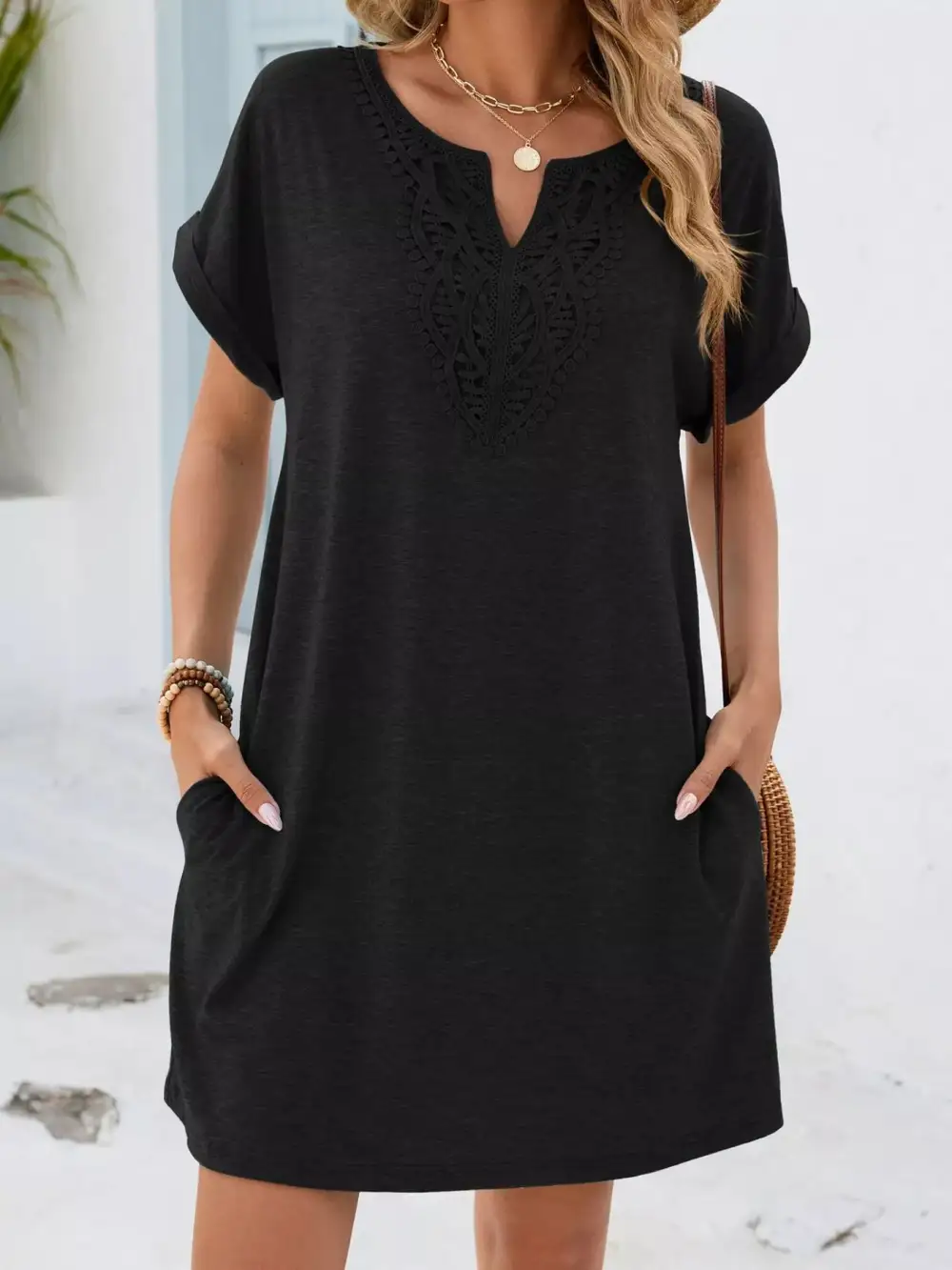 Polished Detail Lace Short Sleeve Dress