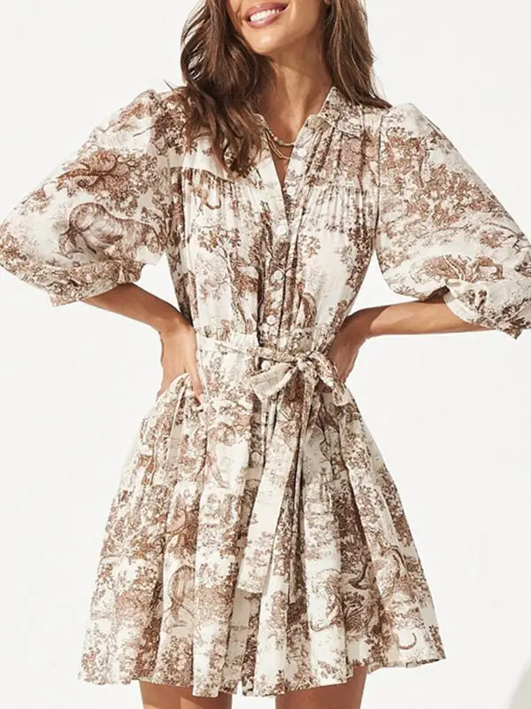 Relaxed Puff Sleeve Pleated Printed Split Joint Tied Waist Lapel Mini