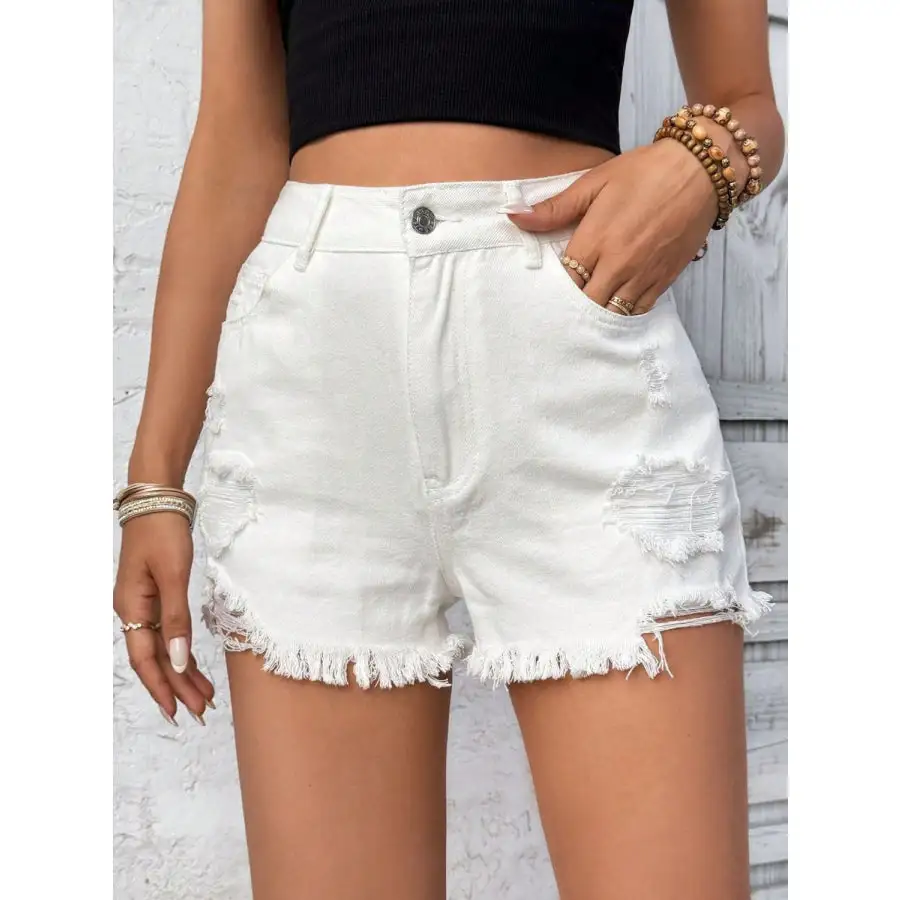 Distressed Raw Hem High Rise Denim Shorts