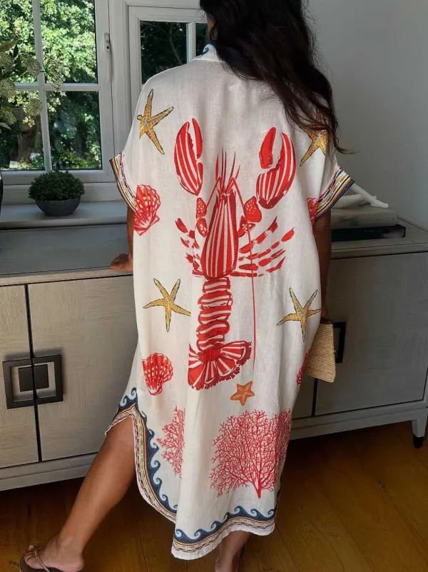 Lobster Ocean Print Shirt Midi Dress