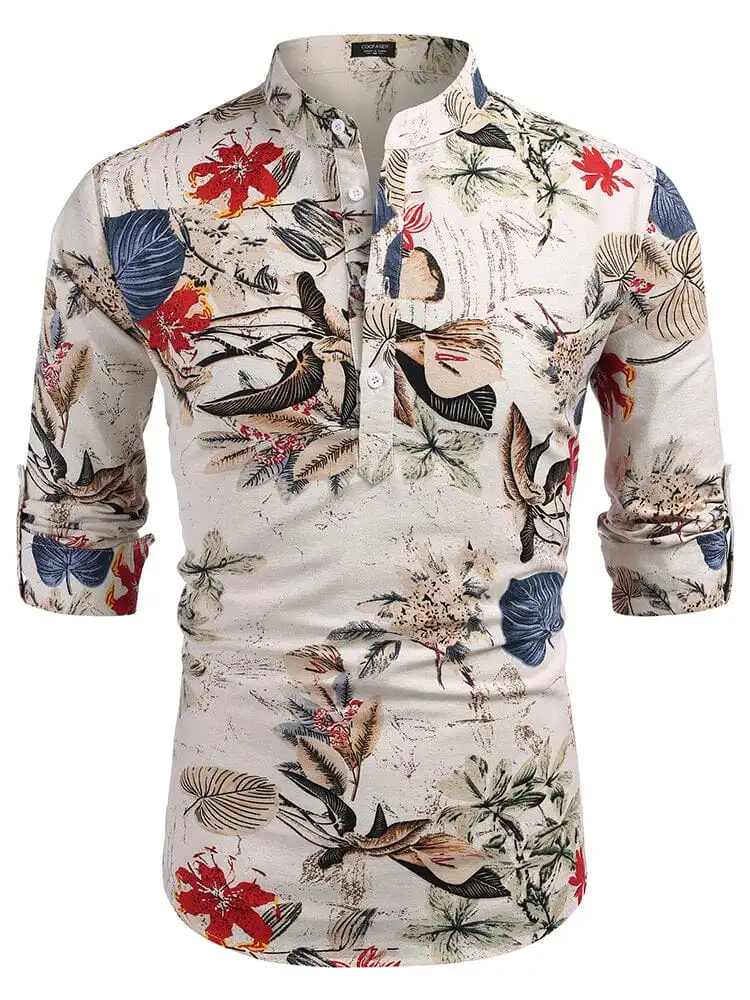 Cotton Linen Floral Henley Shirt Pants