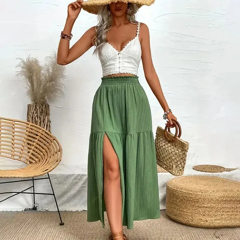 Layered Ruffle Side Slit Midi Skirt