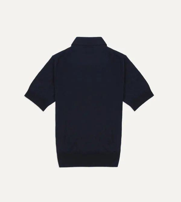 Casual Style Navy Knitted Linen-Cotton Short-Sleeve Polo Shirt