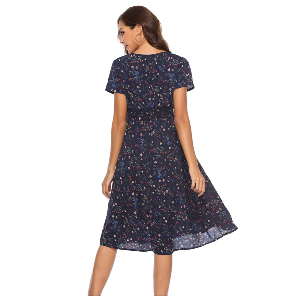 Chiffon Beach Dress Printed V-neck Short Sleeve Bohemian
