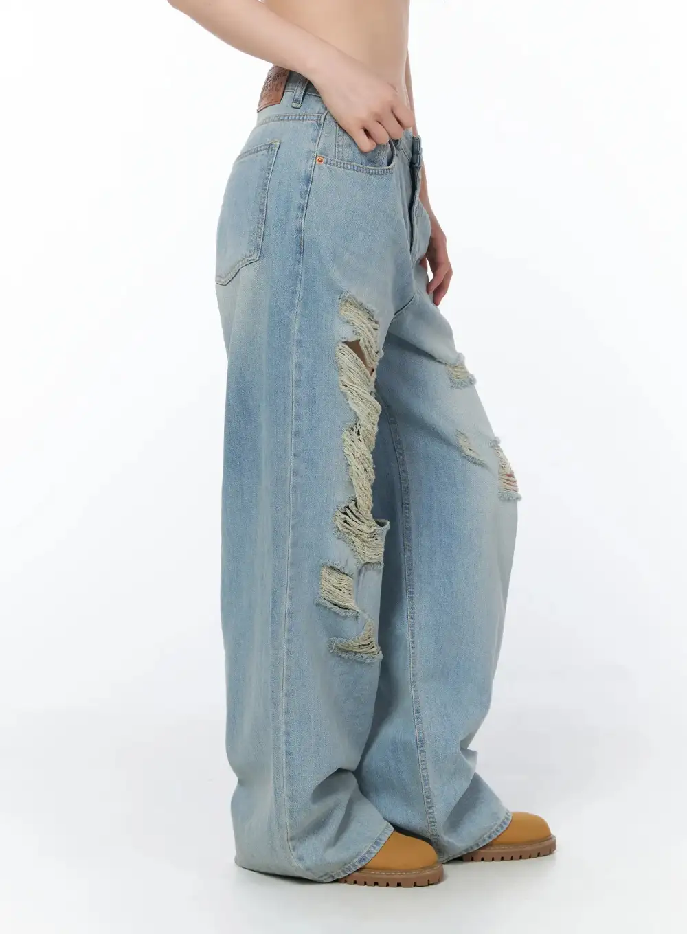 Cotton Distressed Wide Leg Jeans