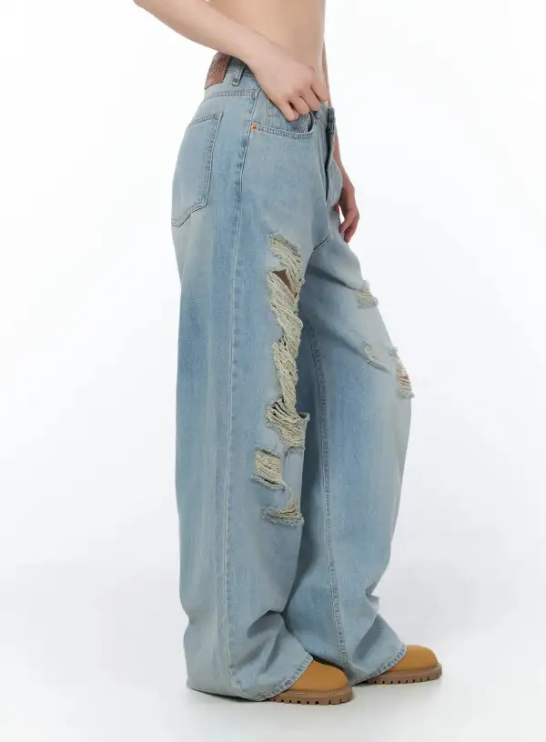 Cotton Distressed Wide Leg Jeans
