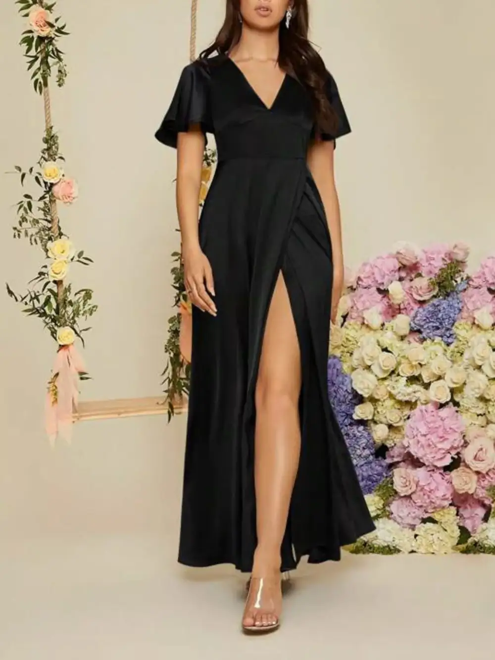 Slit Flutter Sleeve Maxi Dress