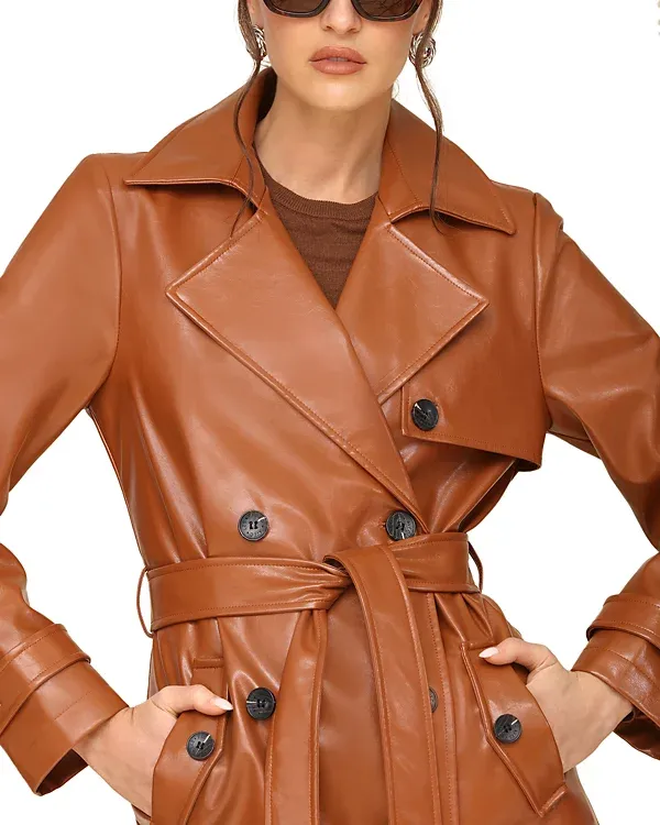 Caramel Color Faux Leather Trench Coat