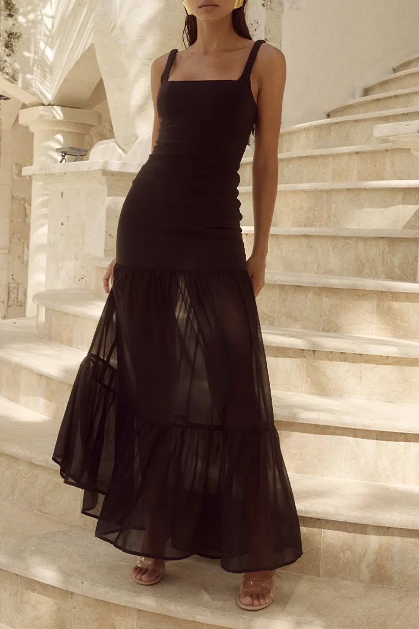Square Neck Sheer Hem Maxi Dress
