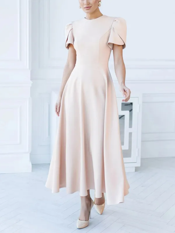 Elegant High Neck Bud Sleeve Midi Dress