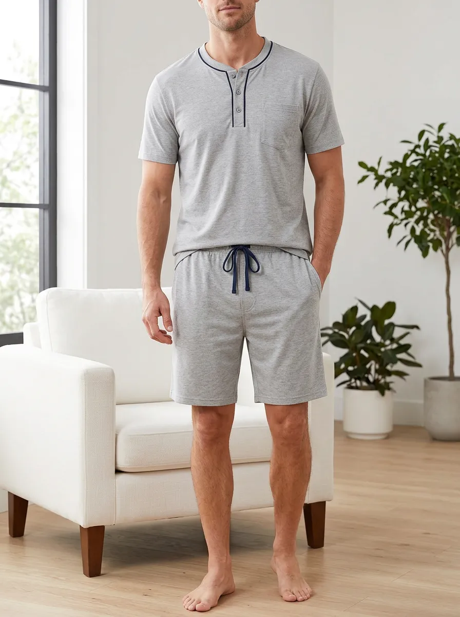 Men's Henley Casual Loungewear Grey Henley Short Sleeve Pajama Set