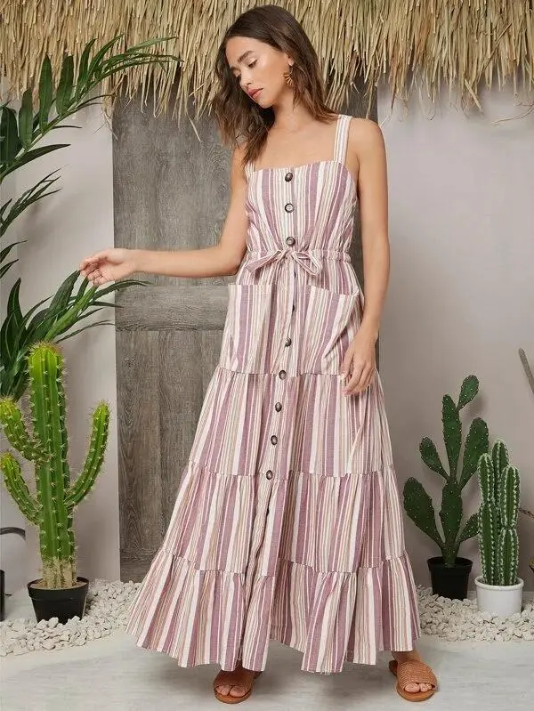 Women Striped Button Front Patch Pocket Dress