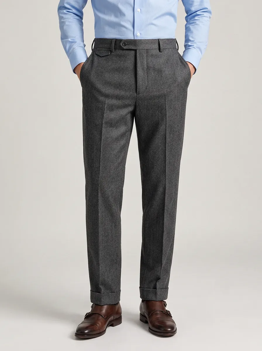 Men's Business Casual Grey Herringbone Patterned Trousers