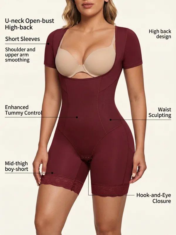 Women's Tummy Control Open-Bust Short Sleeve Lace Trim Bodysuit Shapewear
