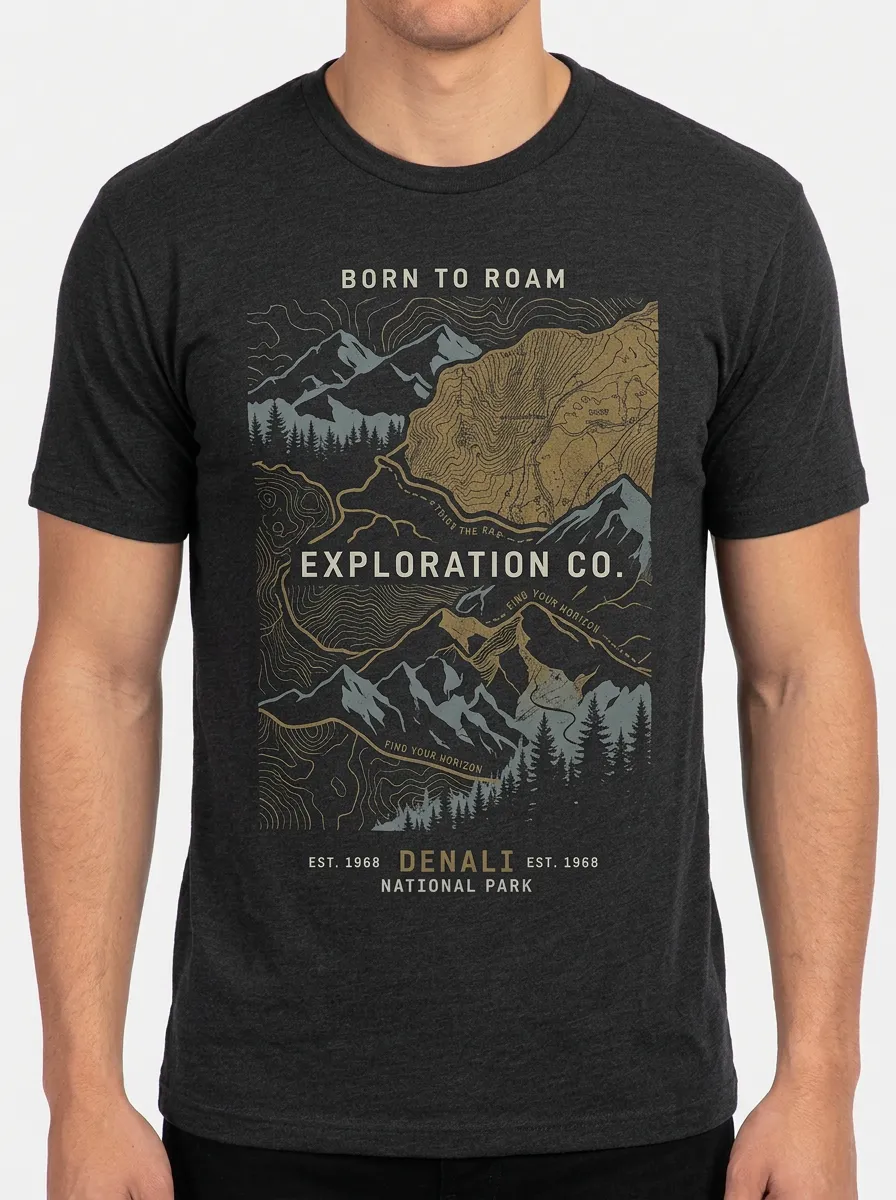 Men's Outdoor Adventure Denali Mountain Topographic Printed T-shirt
