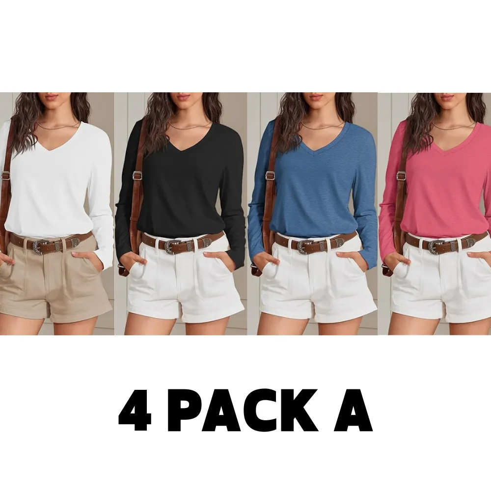 Women's V-Neck Long Sleeve Tee - Soft Curved Hem Top