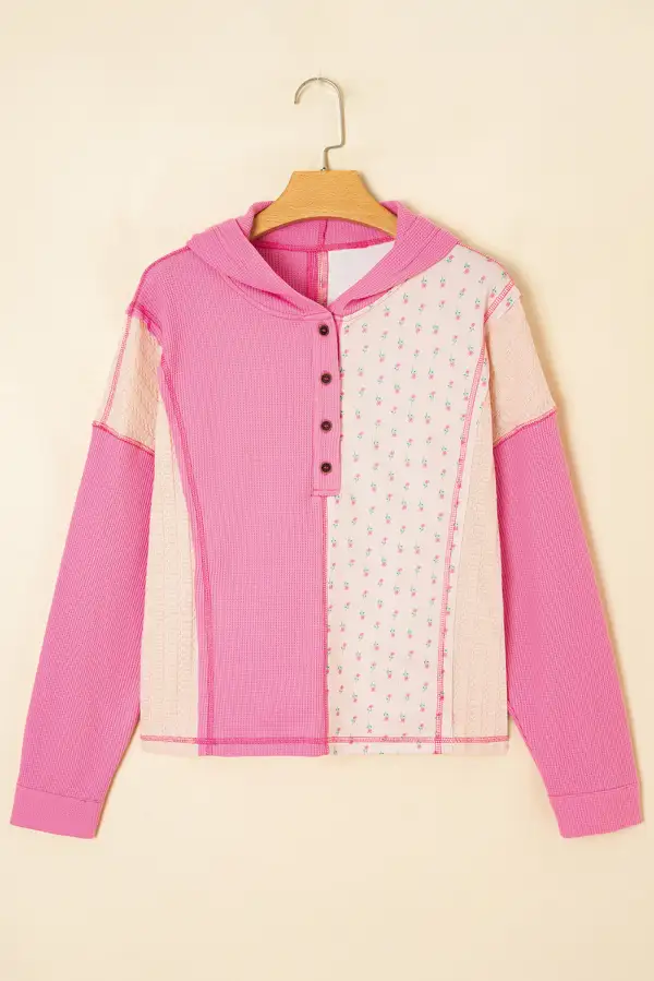 Relaxed Floral Patchwork Waffle Knit Hooded Sweatshirt