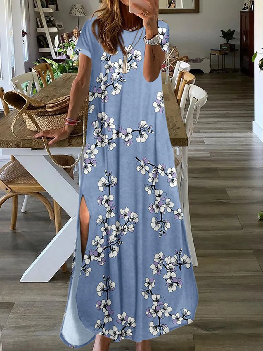 Women's Loose Floral Print Short Sleeve Long Dress