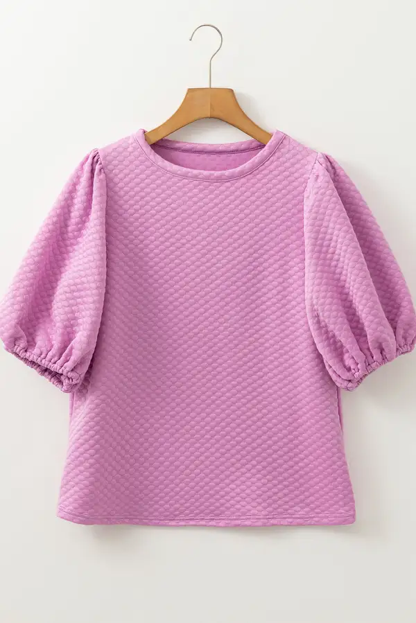 Phalaenopsis Solid Textured O Neck Puff Sleeve Blouse