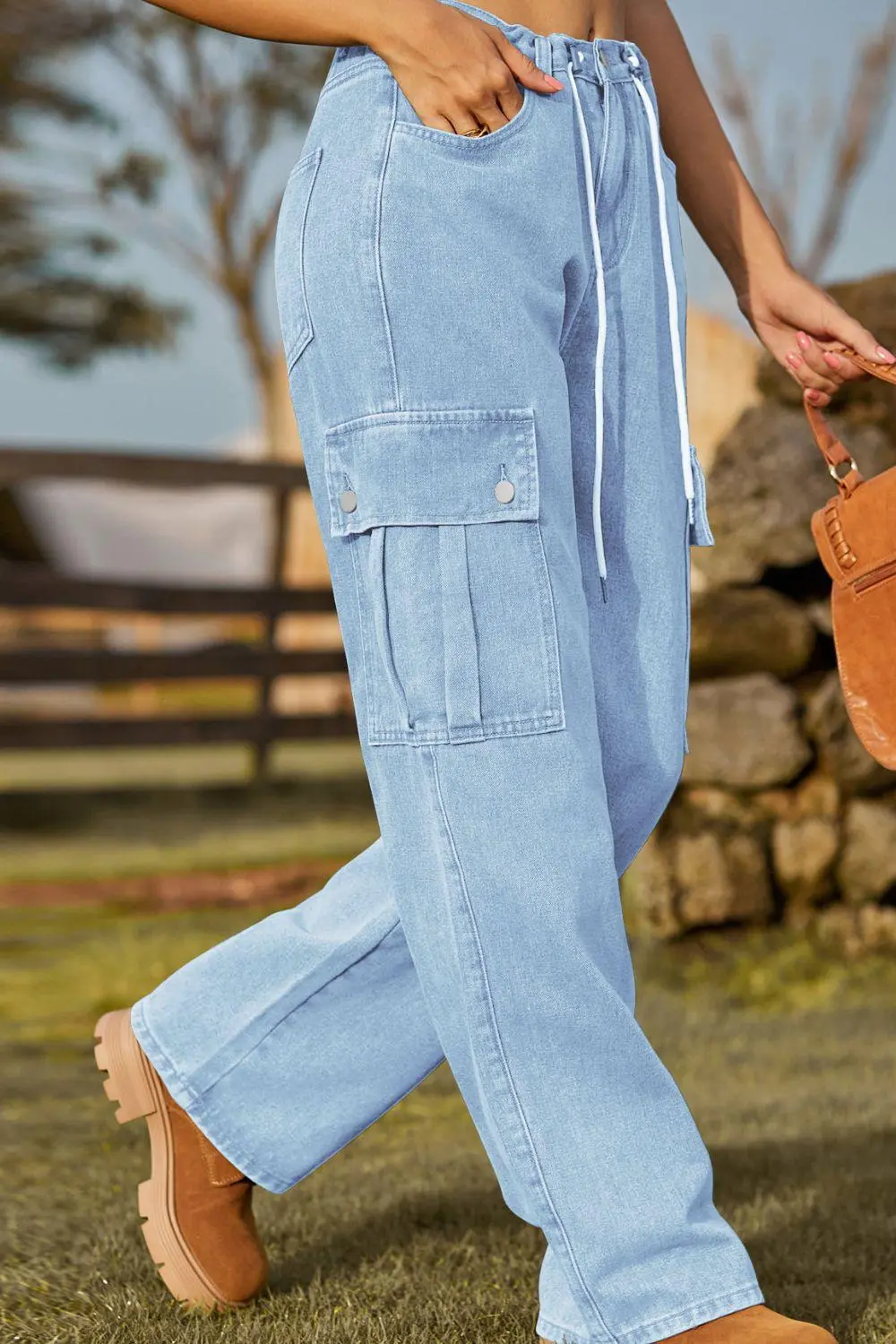 Loose Fit Pocketed Drawstring Denim Jeans