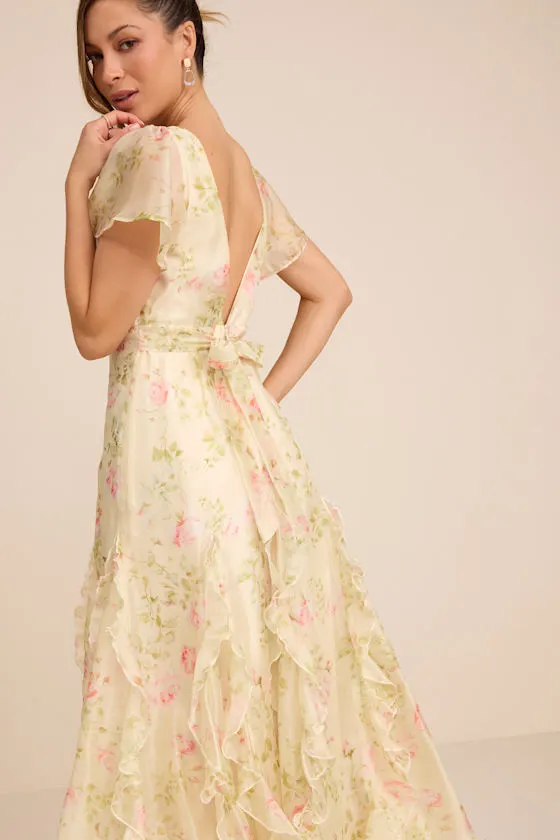 Deluca Light Green Floral Ruffled Midi Dress